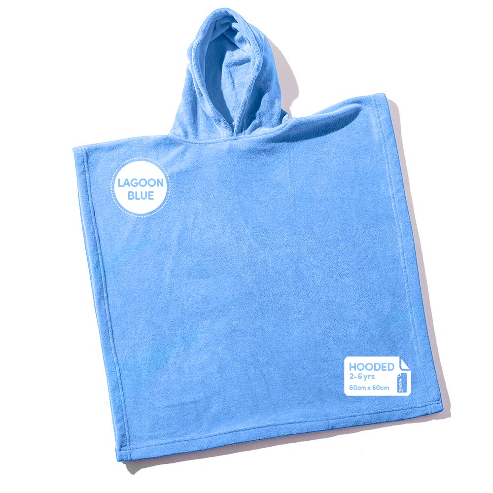 Wovii hooded towel lagoon blue on white background