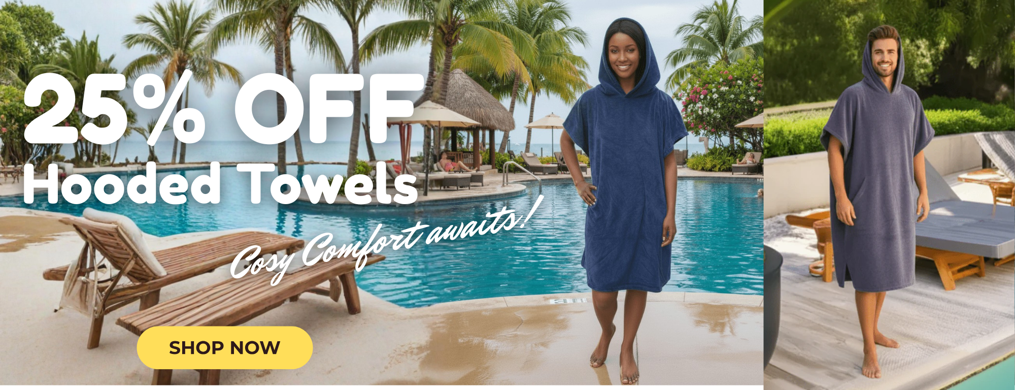 Promotional banner for Wovii hooded towels with text overlay and images of people using towels by a pool.