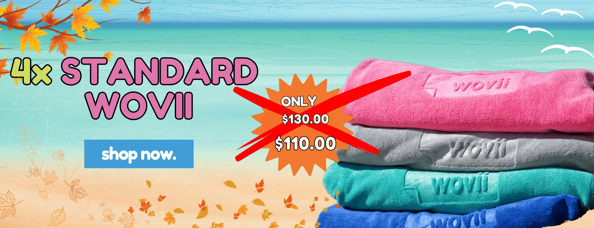 Stack of colorful folded towels with promotional text on a beach background