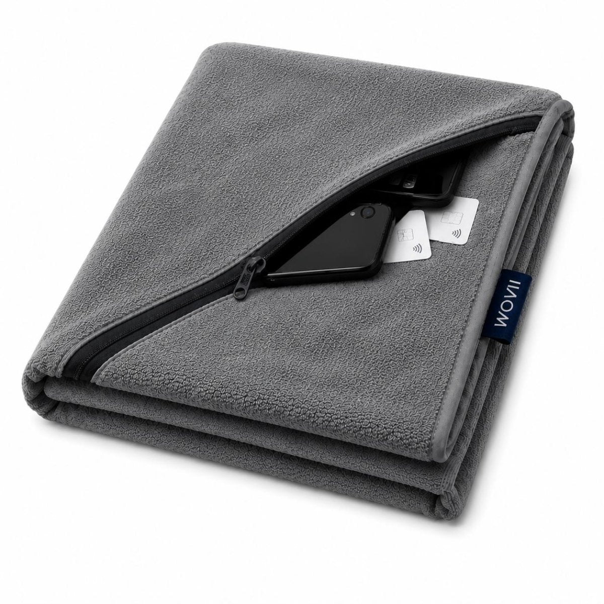 Grey Gym Towel XL with Zip Pocket showing secure storage pocket