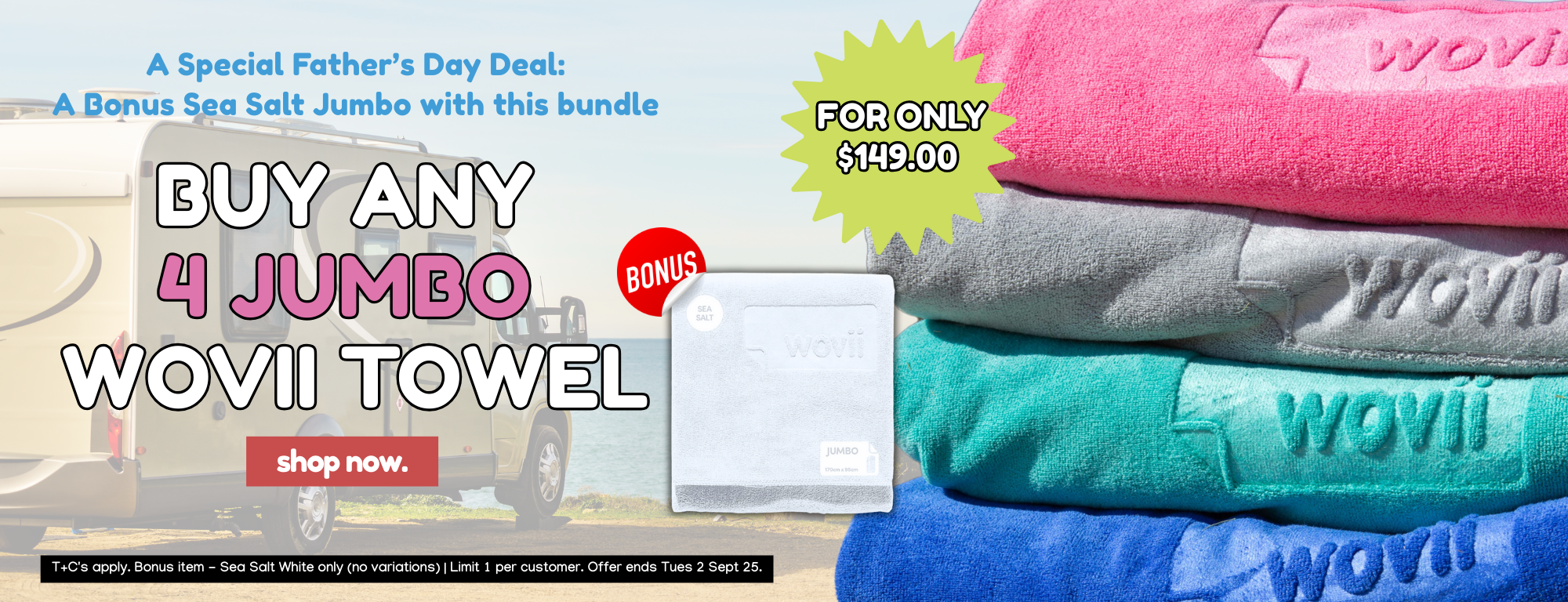 Promotional banner for WOVII towels with a Father's Day deal on Jumbo towels.