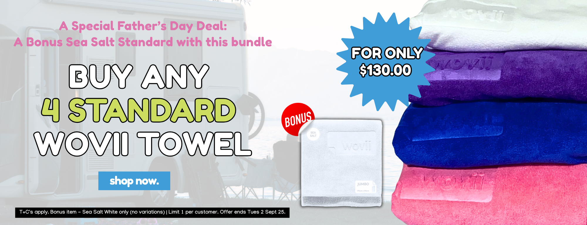 Promotional banner for Vovii towels with a Father's Day offer.