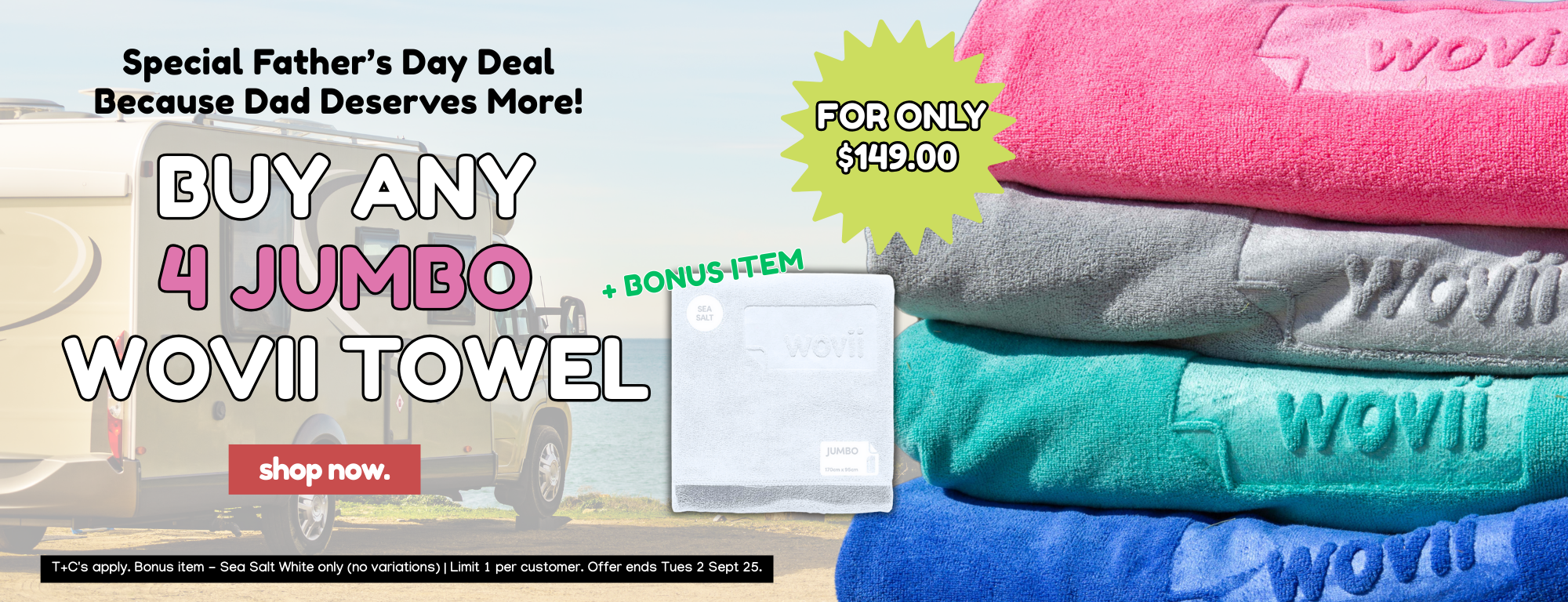 Promotional banner for Wovii towels with a stack of towels and text about a Father's Day deal.