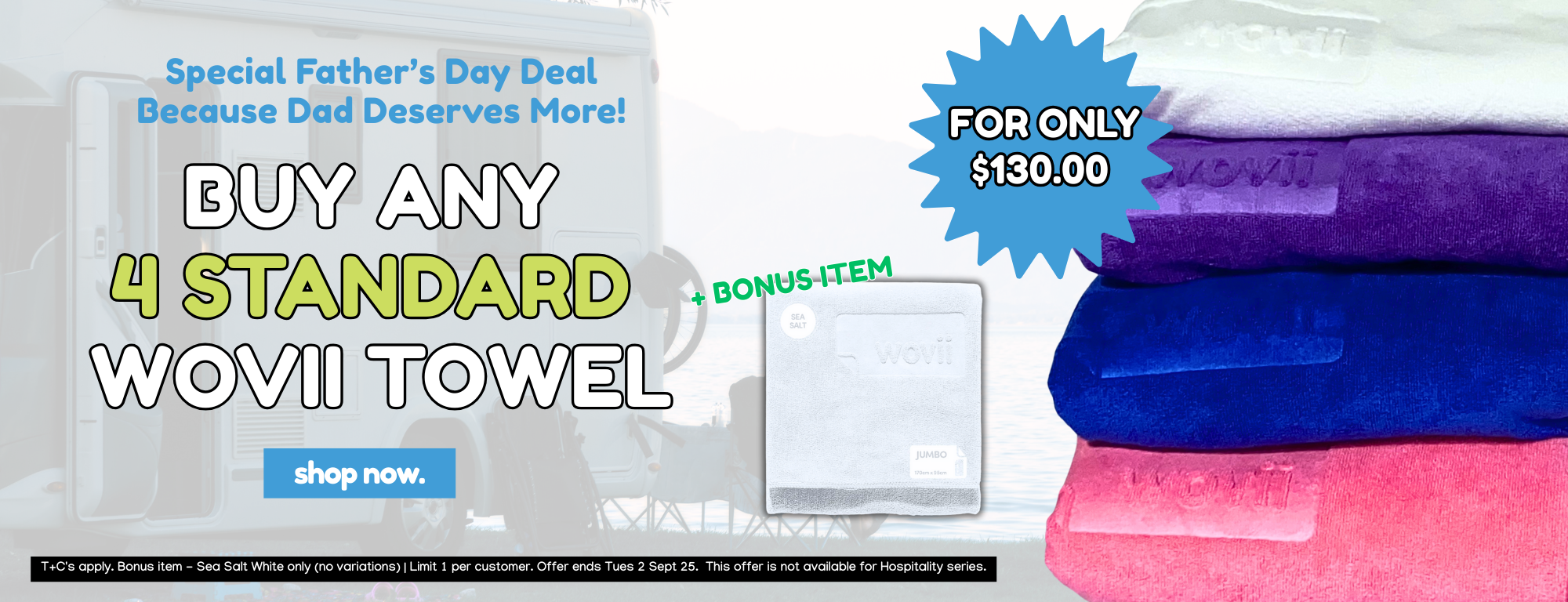 Promotional banner for Wovii towels with a Father's Day deal offer.